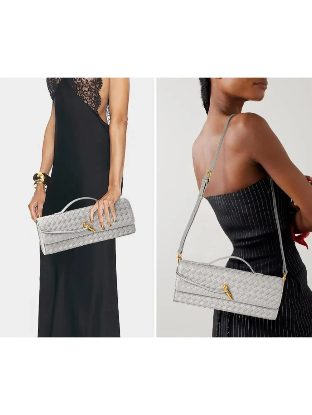 Women Dove Gray Leather Suede Woven Clutch Purse For Evening Crossbody Bag